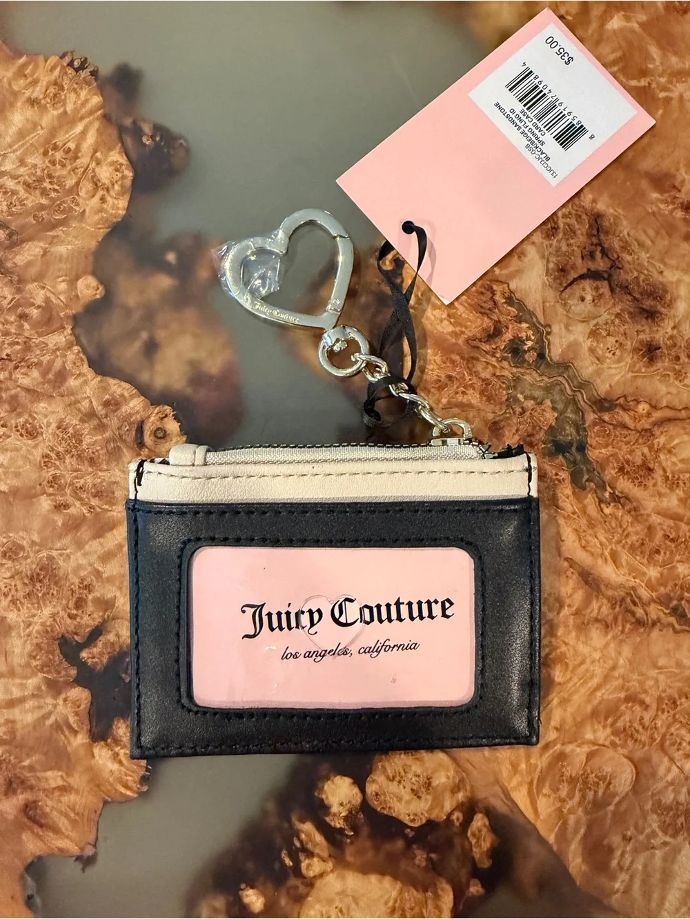 Juicy Couture Black and Pink Card Holder Keychain with Heart Charm